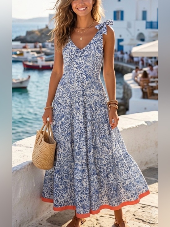 THML Dresses & Skirts - THML White Blue Paisley Sundress Adjustable Tie Shoulder Midi Dress Boho XS
